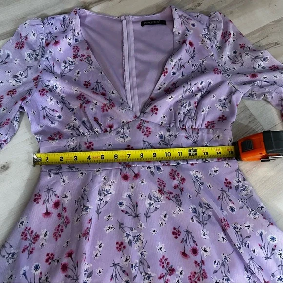 Double Crazy Purple Floral Dress Size Large Boho Bell Sleeve Empire Waist Flowy - Picture 8 of 15